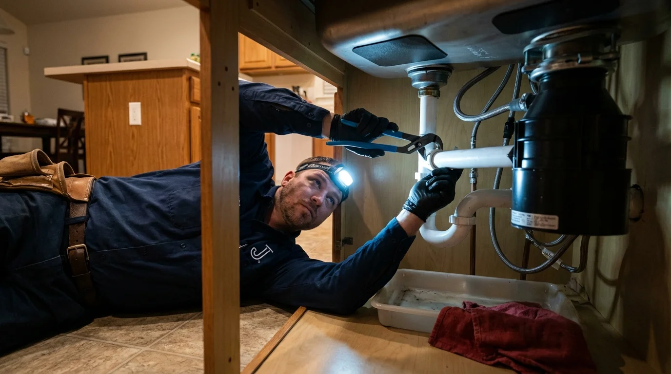 P-trap and supply line connections under a kitchen sink showing a common leak point in Sanford, FL